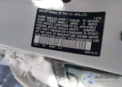 2020 Honda Civic Lx из США, поврежденный, VIN SHHFK7H37LU212670